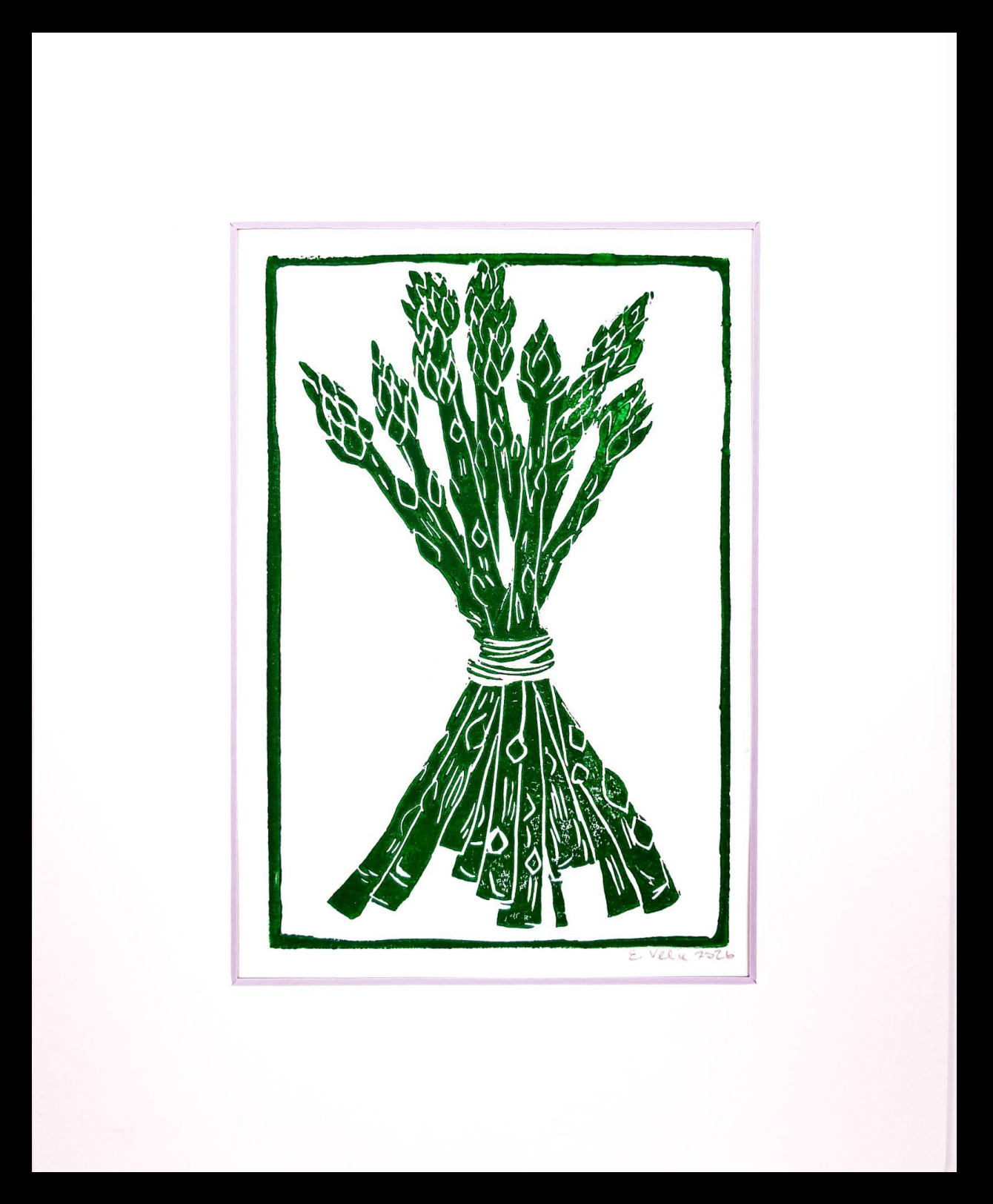 A minimalist art print featuring a dark green linocut-style illustration of a tied bundle of asparagus on a white background, framed by a thin double border and a black outer edge.