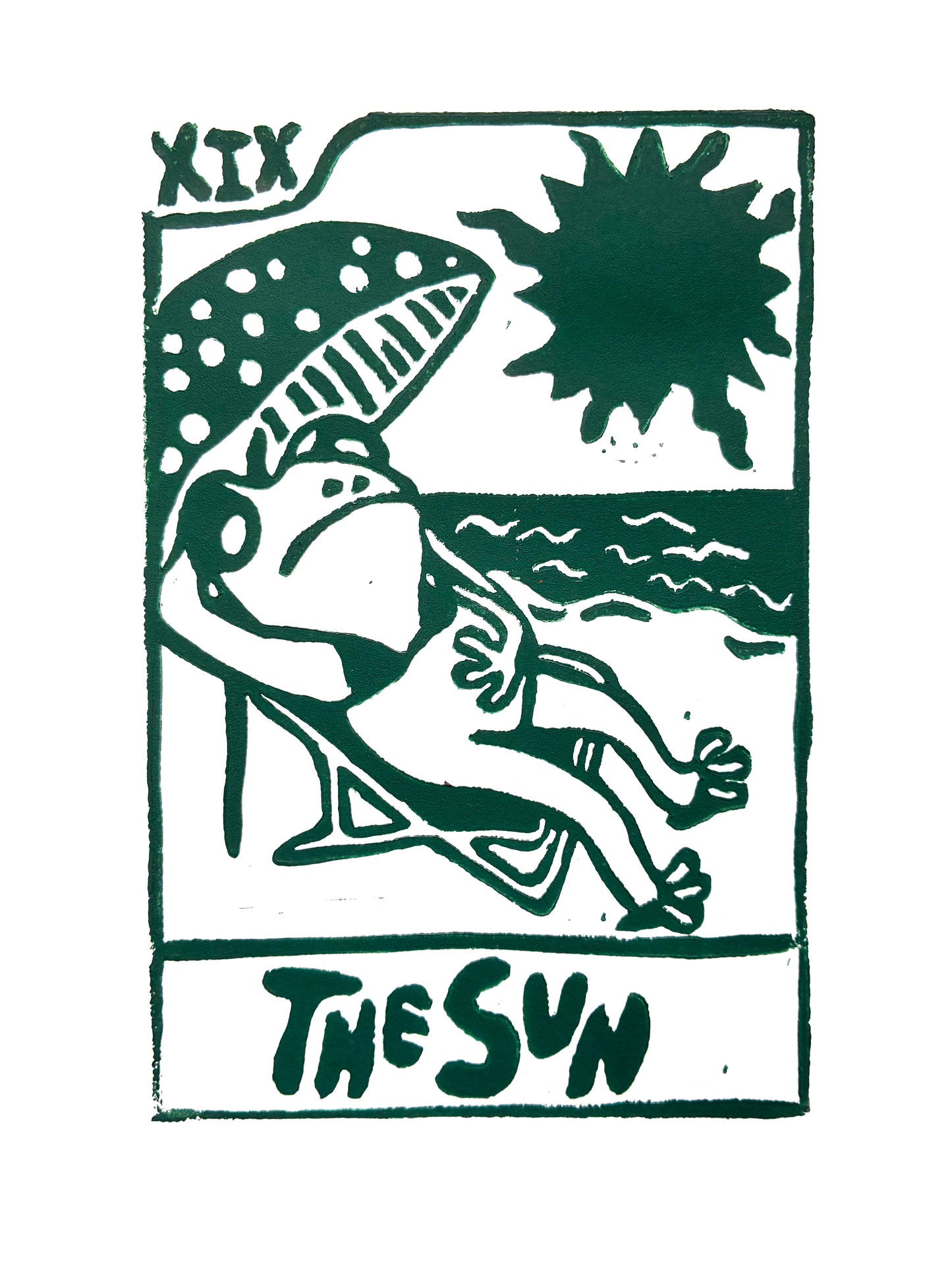 Green Tarot card print of a frog under an umbrella and sun with 'The Sun' text, on a white background.