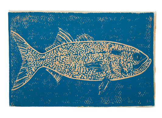 Print of a yellow bluefish on a blue background.