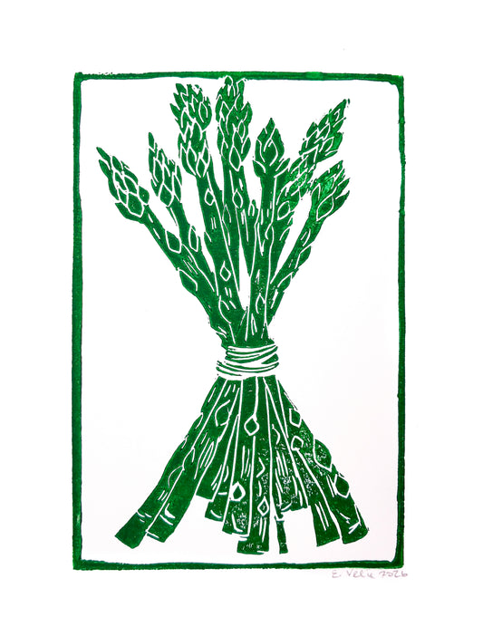 A green and white linocut style art print depicting a tied bundle of asparagus spears, framed by a green border on a white background.