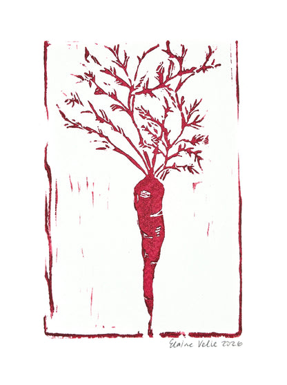 An art print of a red carrot on a white background. 