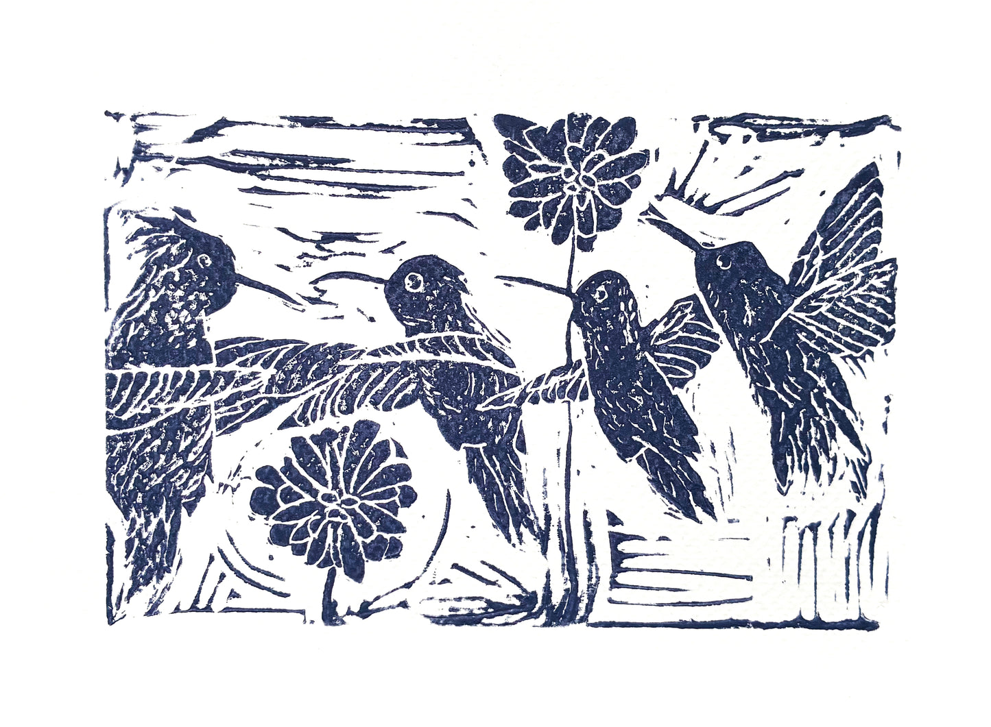 Print with four dark purple hummingbirds and two flowers on a white background.