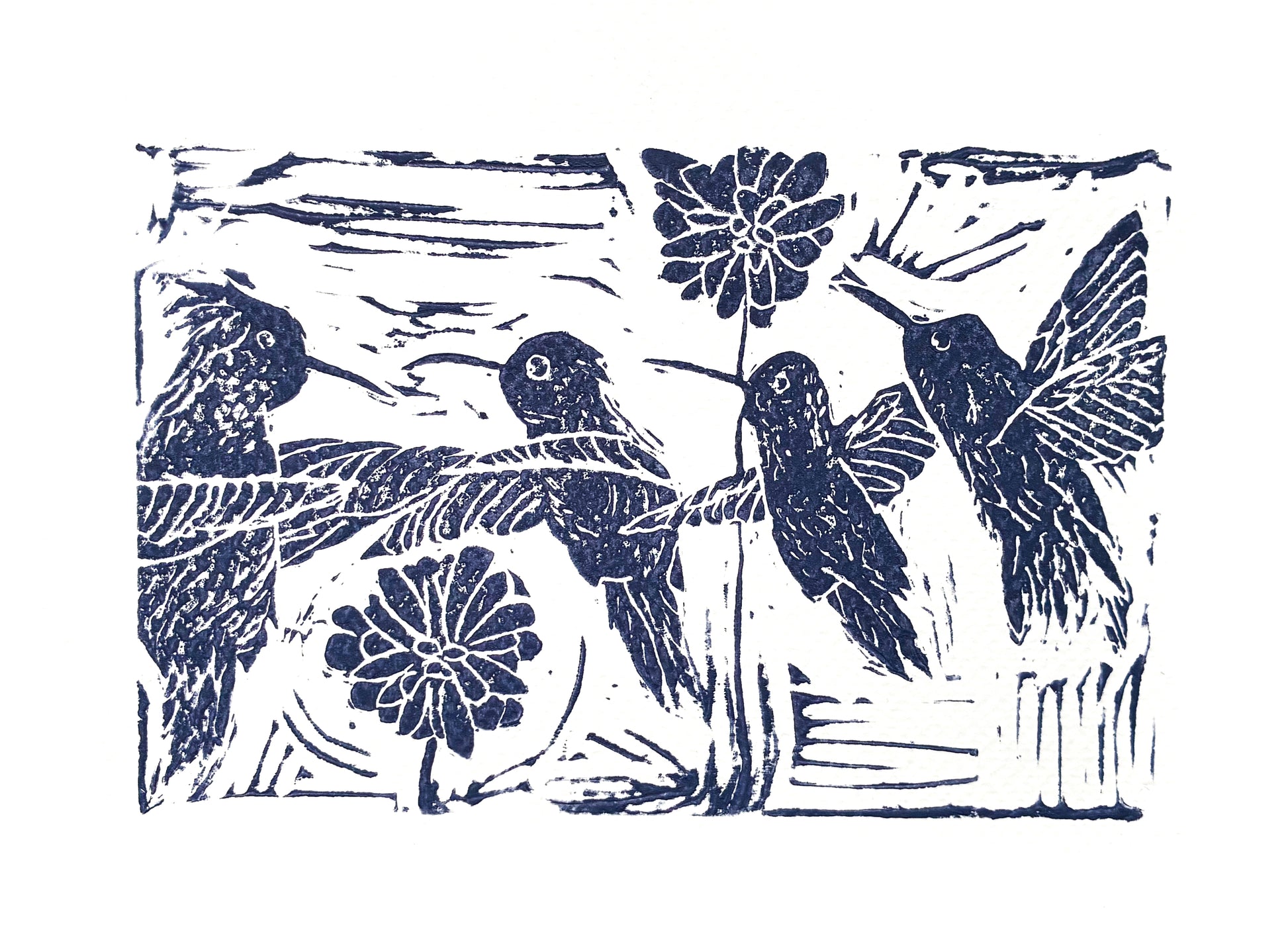 Print with four dark purple hummingbirds and two flowers on a white background.