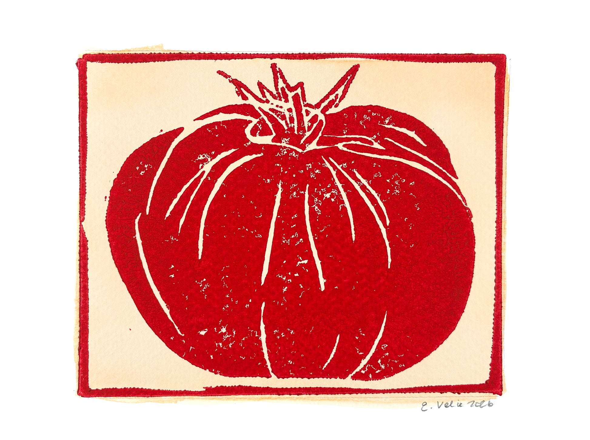 A square art print featuring a stylized red tomato illustration on a cream background, bordered by a red frame-like outline, with a small artist signature at the bottom right.